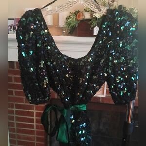 Vintage Sequin Black and Green Top